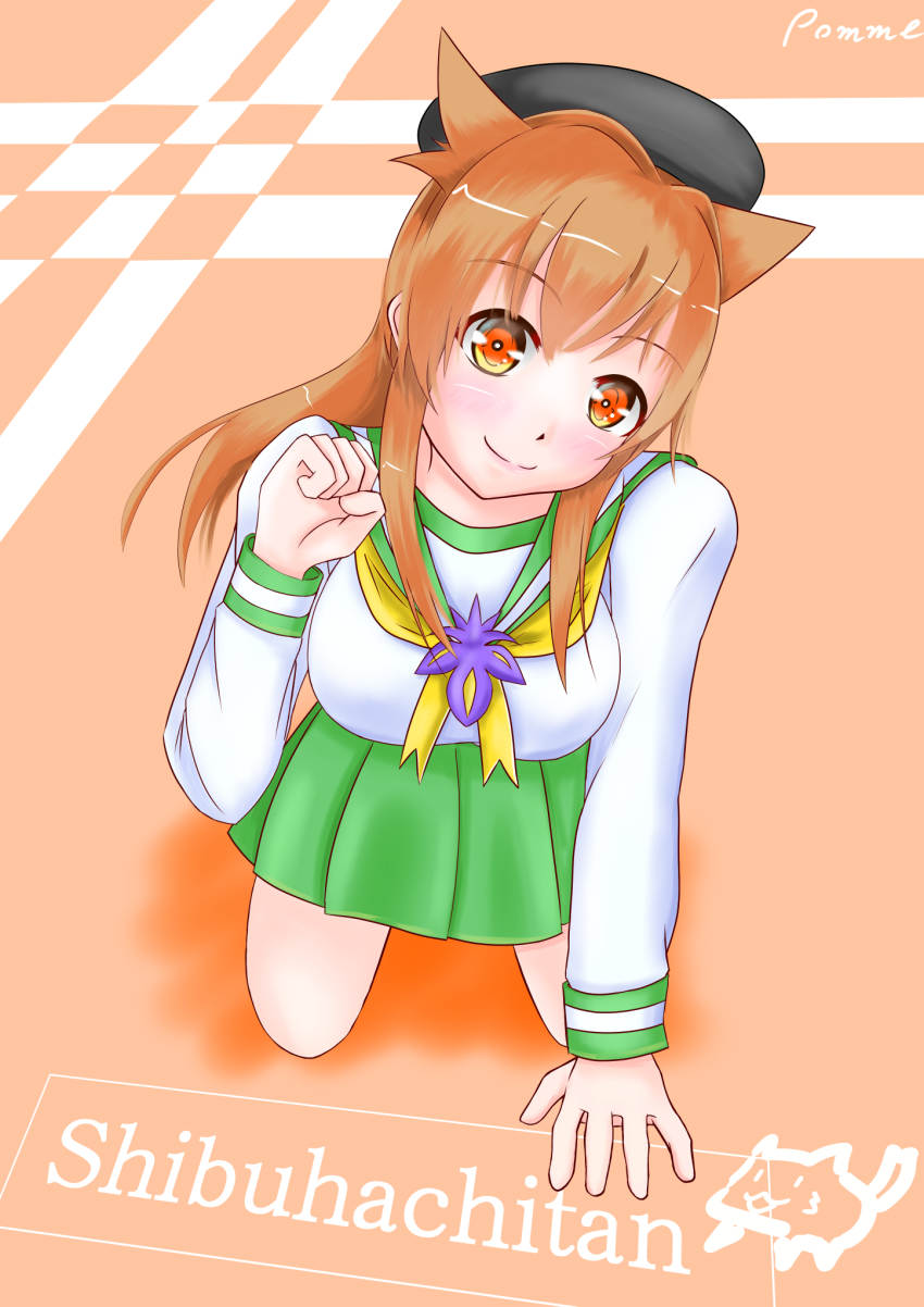 1girl, brown_hair, dog_girl, green_skirt, highres, sailor_collar, shibuhachi-tan, skirt