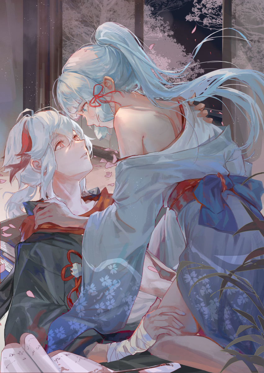 1boy, 1girl, absurdres, antenna_hair, ayaka_(genshin_impact), bandaged_arm, bandages, blue_eyes