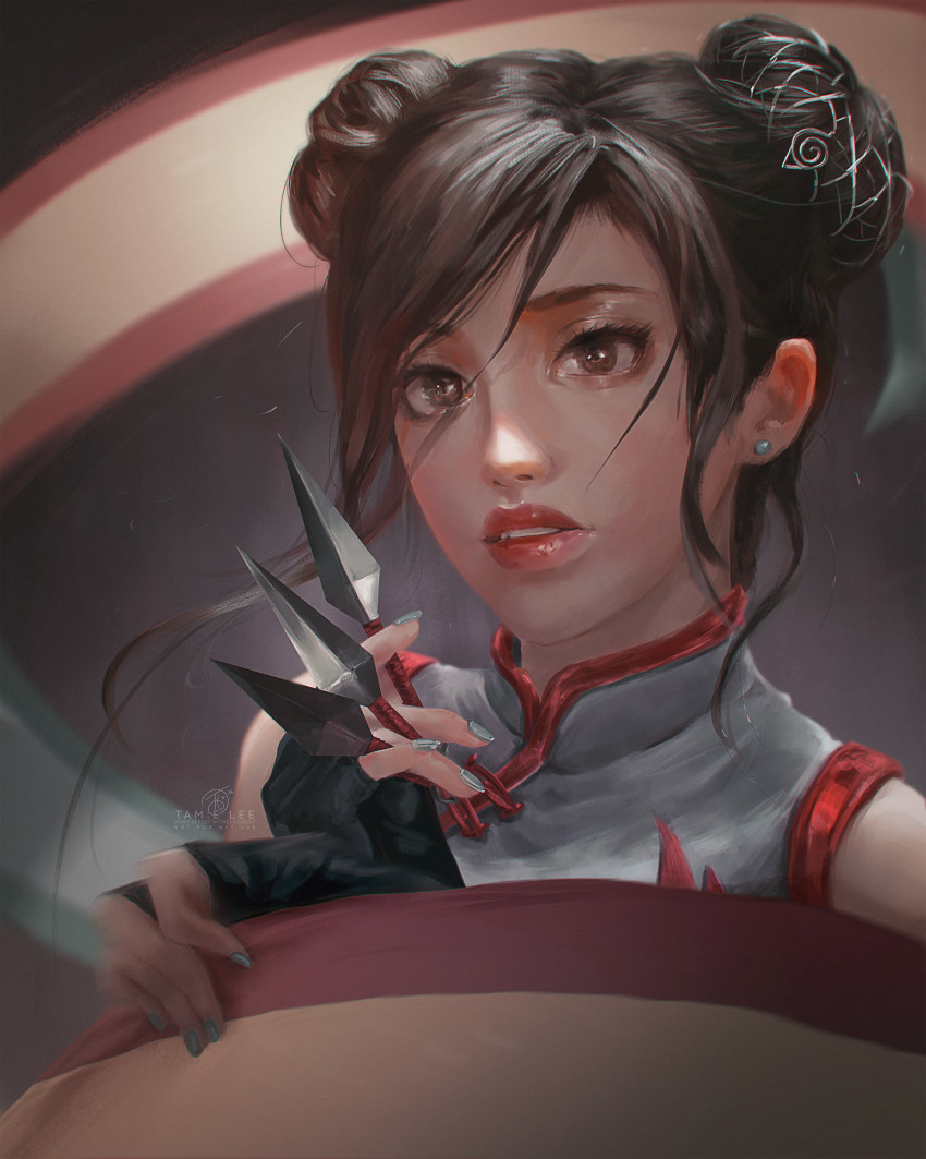 1girl, absurdres, artist_name, between_fingers, brown_eyes, brown_hair, china_dress, chinese_clothes, double_bun, dress, earrings, grey_nails, hair_between_eyes, hair_bun, highres, holding, jewelry, kunai, looking_at_viewer, nail_polish, naruto_(classic), naruto_(series), parted_lips, short_hair, solo, stud_earrings, tamelee, tenten_(naruto), watermark, weapon