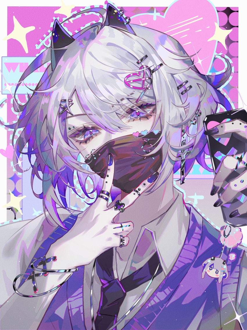 1boy, absurdres, animal_ears, bishounen, black_mask, blue_nails, colored_tips, cross