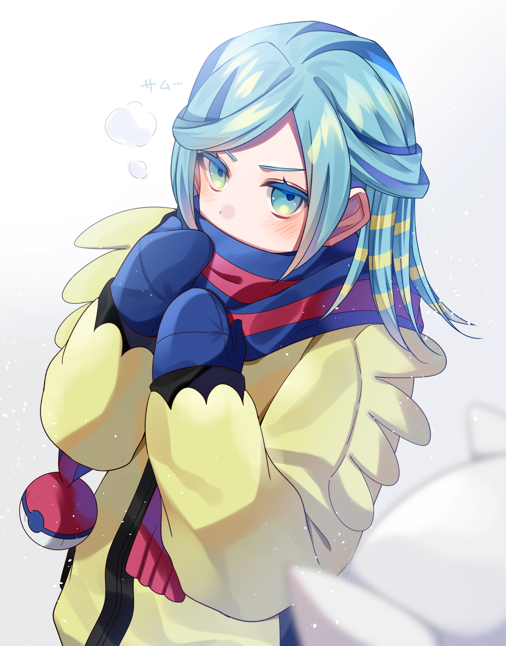 1boy, androgynous, aqua_eyes, aqua_hair, bishounen, blue_mittens, blurry, blush
