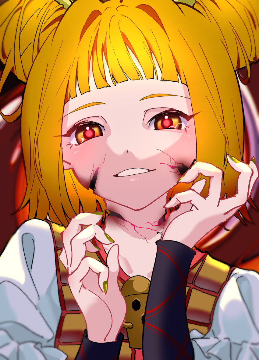 1girl, absurdres, armor, armored_dress, blonde_hair, cracked_skin, double_bun, dress, frilled_sleeves, frills, hair_bun, highres, joutouguu_mayumi, looking_at_viewer, mizoreshi, open_mouth, puffy_short_sleeves, puffy_sleeves, short_hair, short_sleeves, solo, touhou, upper_body, yellow_dress, yellow_eyes