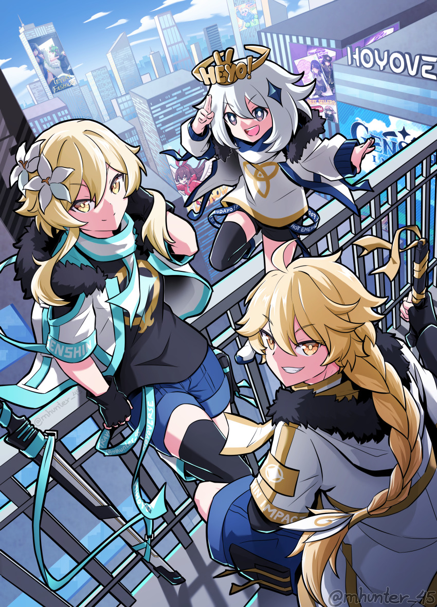 1boy, 2girls, :d, absurdres, aether_(genshin_impact), ai-chan_(honkai_impact), alternate_costume, billboard