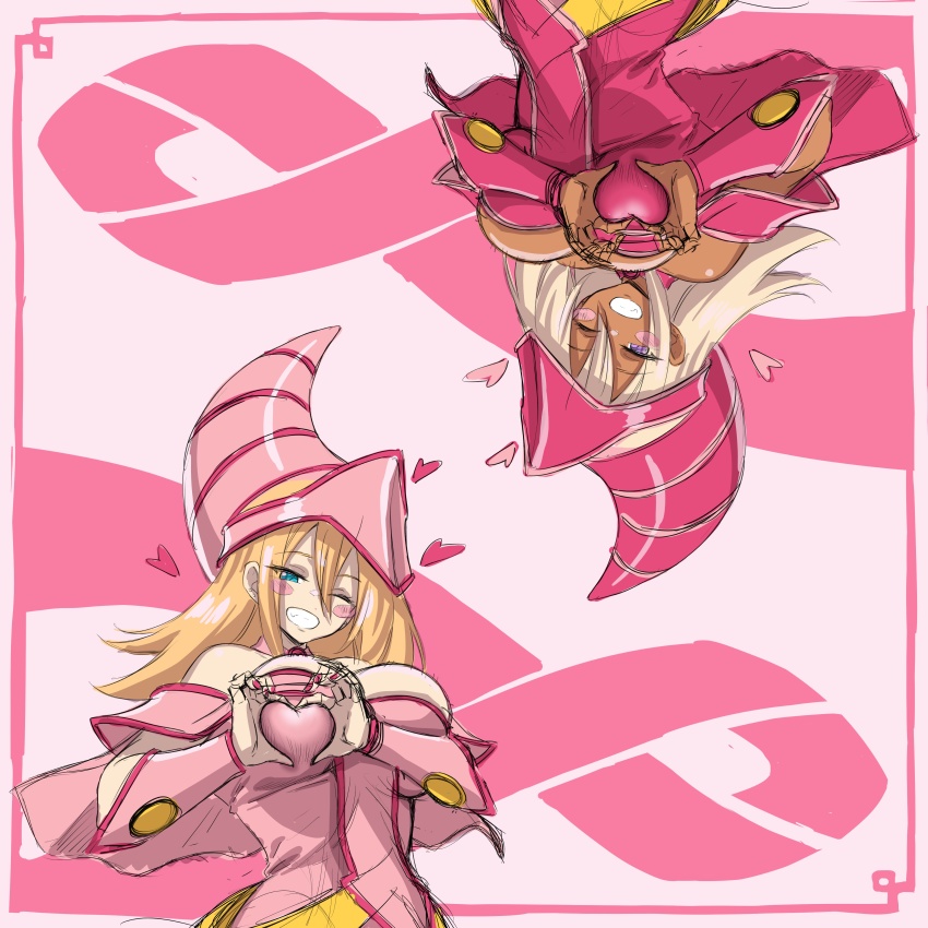 2girls, absurdres, apprentice_illusion_magician, blush_stickers, breasts, cancer_(disease), dark-skinned_female, dark_magician_girl