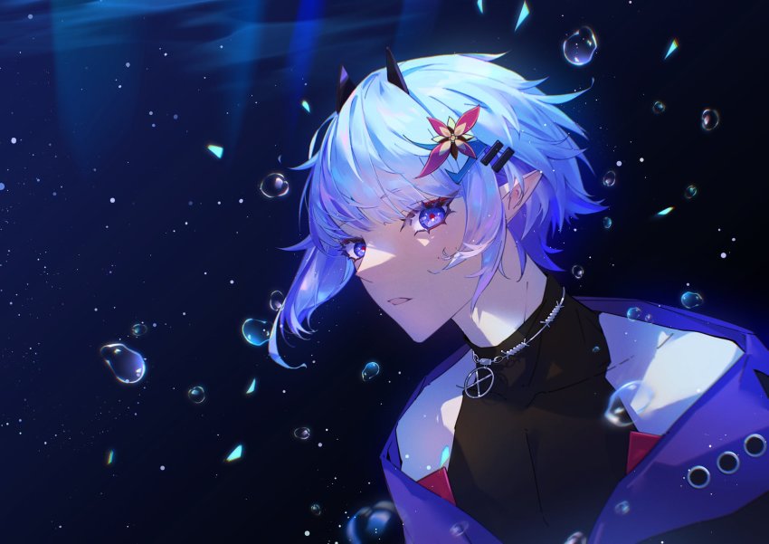 1boy, animal_ears, bishounen, blue_hair, fake_animal_ears, flower, hair_flower, hair_ornament