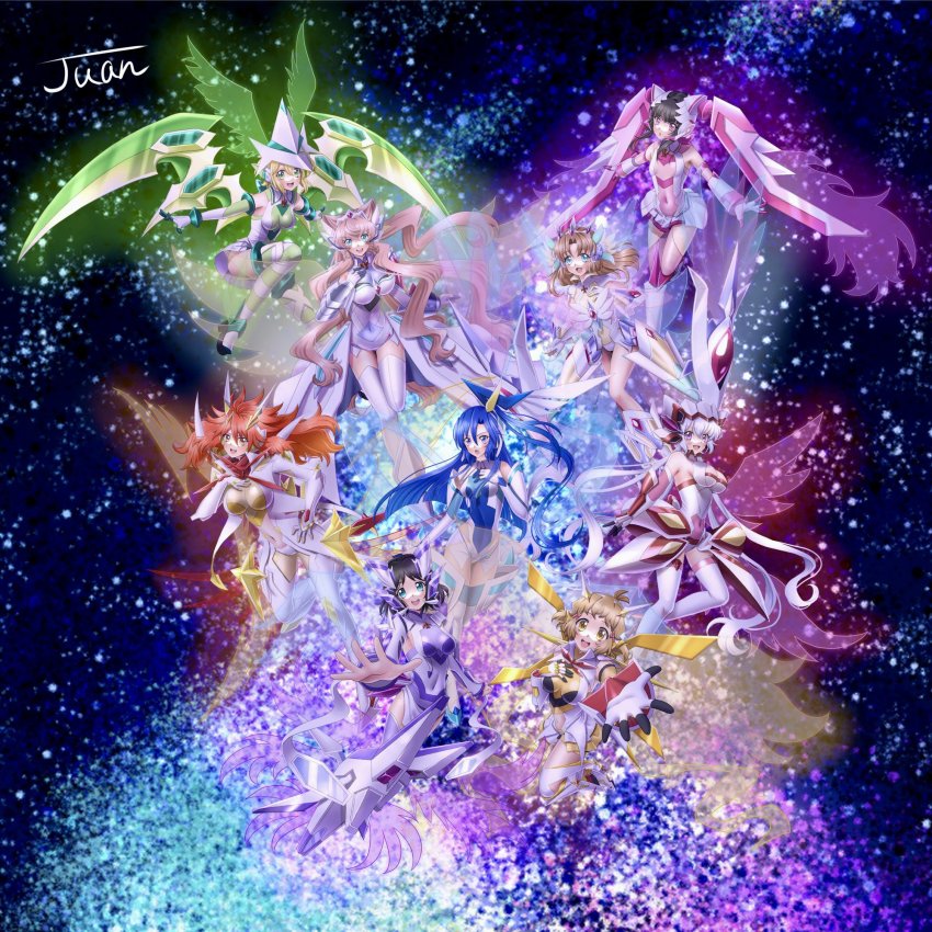 ahoge, akatsuki_kirika, amou_kanade, bare_shoulders, black_hair, blonde_hair, blue_eyes, blue_hair