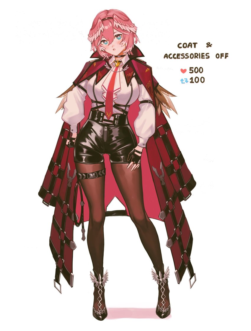 1girl, black_footwear, black_gloves, black_pantyhose, black_shorts, blue_eyes, blush, breasts