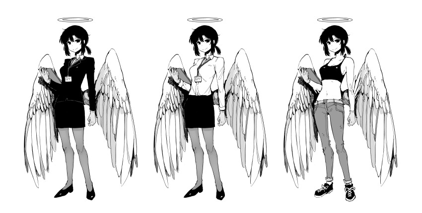 1girl, absurdres, alvitr_(kaiju_girls), angel, angel_wings, belt, reference_sheet, clipboard, collared_shirt, feathered_wings, female_focus, full_body, greyscale, halo, hatching_(texture), highleg, highleg_panties, highres, kaiju_girls, karasu_raven, linear_hatching, long_sleeves, monochrome, navel, panties, pants, pantyhose, second-party_source, shirt, shoes, short_twintails, skirt, smile, solo, sports_bra, twintails, underwear, variations, wings