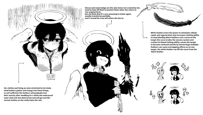 1girl, 1other, alvitr_(kaiju_girls), angel, angel_wings, bags_under_eyes, breasts, reference_sheet