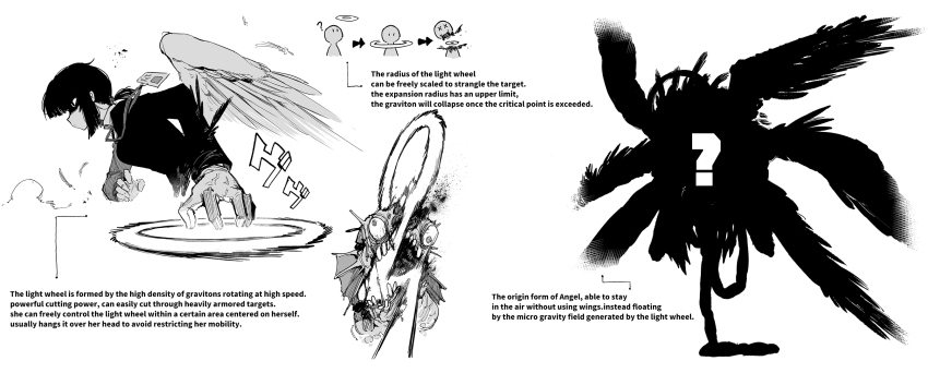 1girl, 1other, ?, alvitr_(kaiju_girls), angel, angel_wings, reference_sheet, chibi