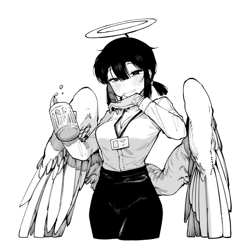 1girl, :3, absurdres, alcohol, alvitr_(kaiju_girls), angel, angel_wings, bags_under_eyes, beer, beer_mug, blush, cropped_legs, cup, feathered_wings, female_focus, gloves, greyscale, halo, hatching_(texture), high-waist_pants, highres, id_card, kaiju_girls, karasu_raven, lanyard, linear_hatching, monochrome, mug, pants, second-party_source, shirt_tucked_in, short_twintails, solo, twintails, wings