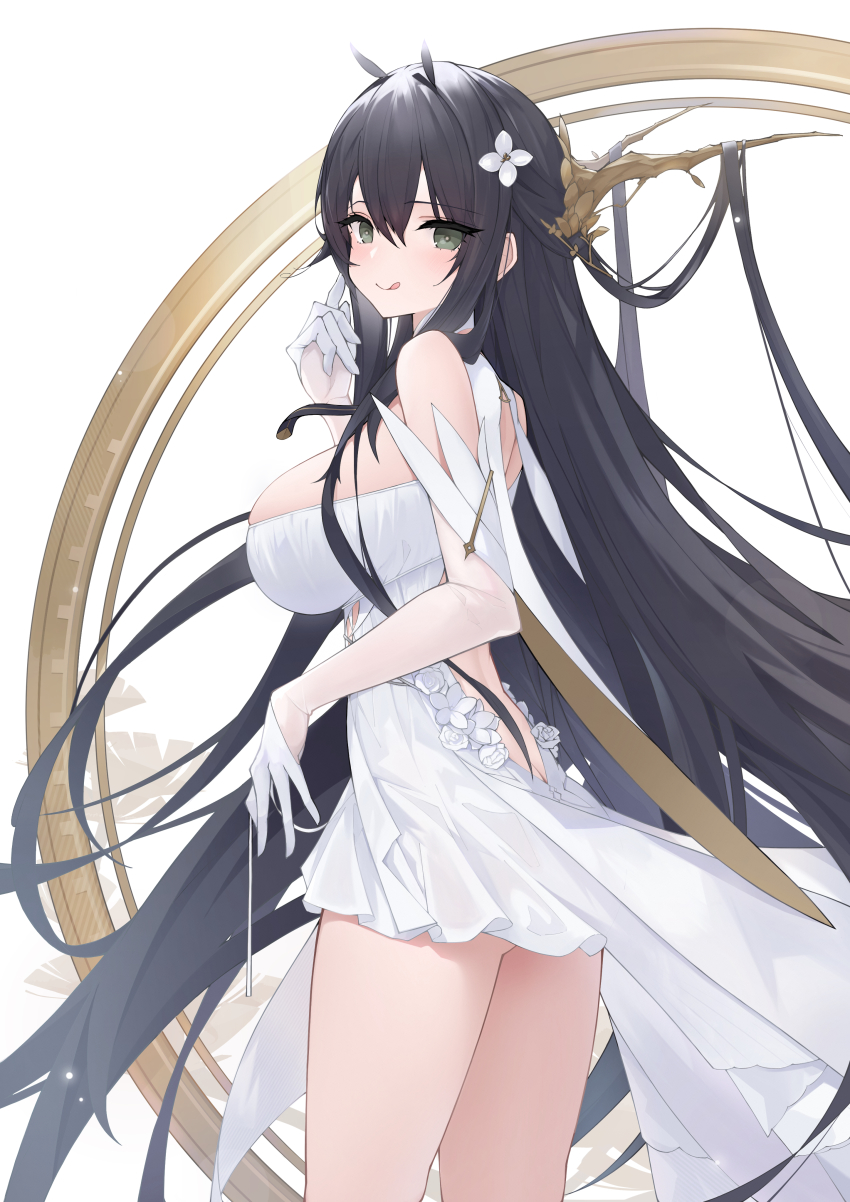 1girl, :q, absurdly_long_hair, absurdres, azur_lane, black_hair, breasts, dress