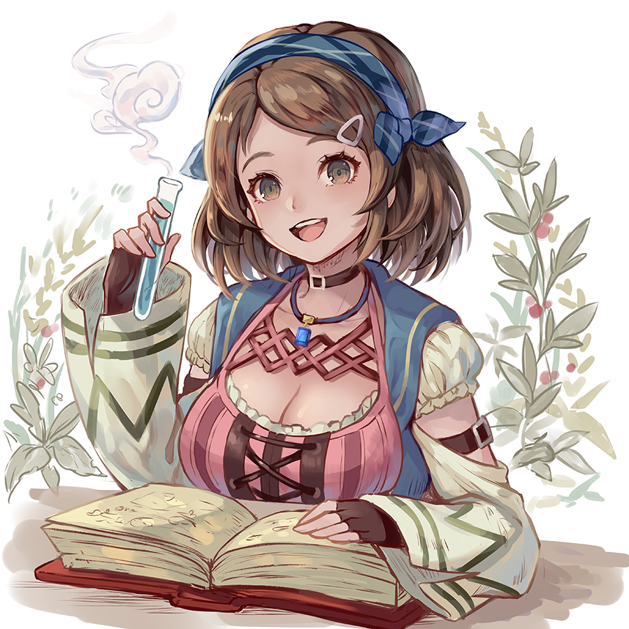 1girl, armband, black_choker, blue_hairband, blue_ribbon, book, breasts, brown_eyes