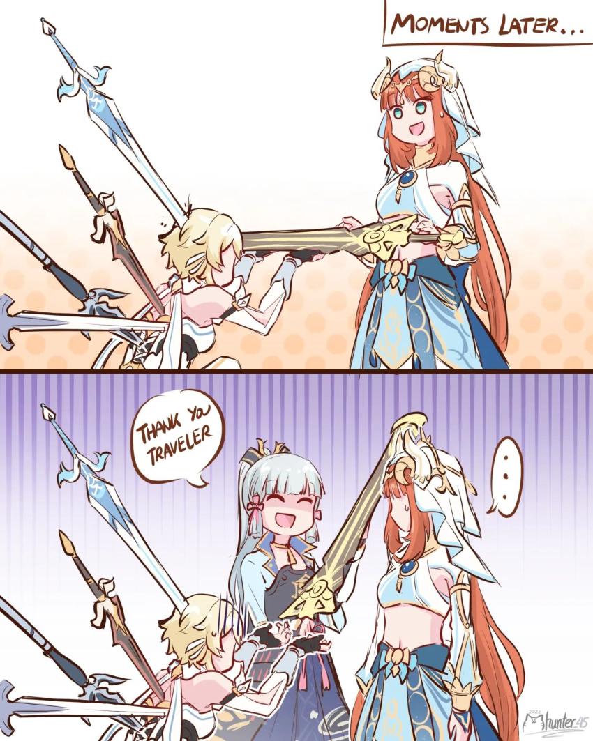 ..., 3girls, :d, ^_^, armor, ayaka_(genshin_impact), blonde_hair, blunt_bangs