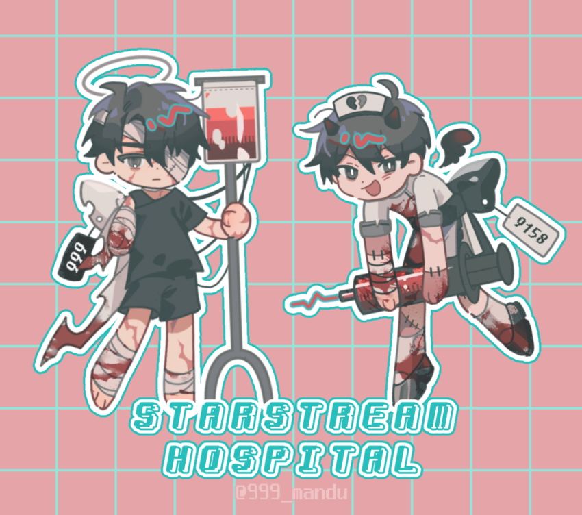 2boys, 999_mandu, amputee, bandage_over_one_eye, bandaged_arm, bandaged_leg, bandages, black_eyes