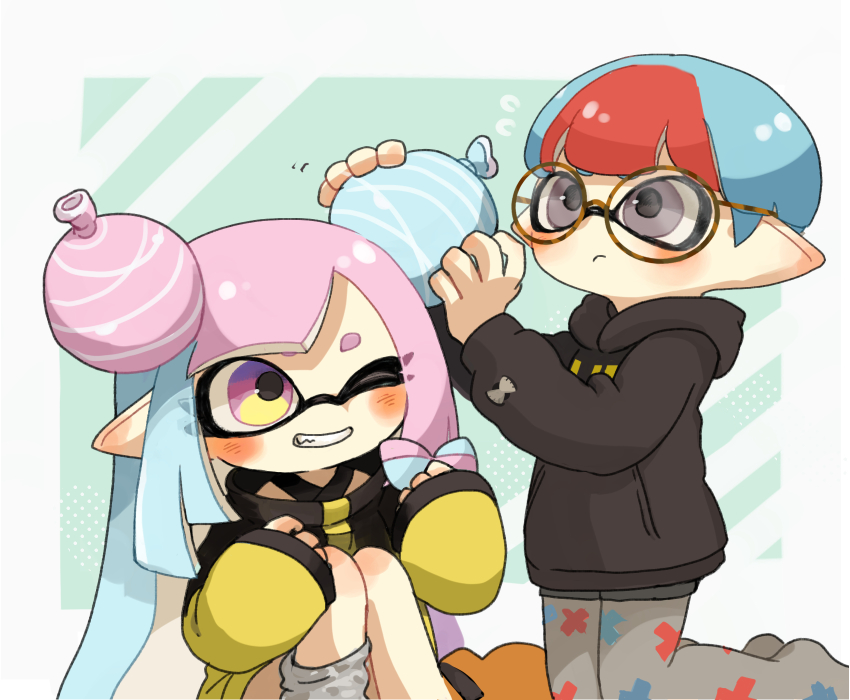 2girls, aqua_hair, black_hoodie, blush, bowl_cut, burst_bomb_(splatoon), cosplay, grey_eyes