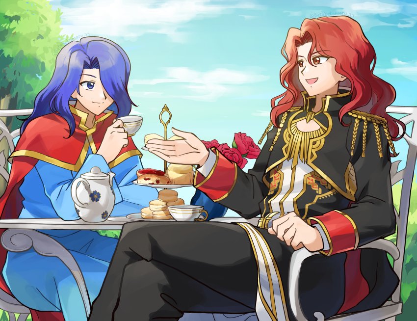 2boys, absurdres, arvis_(fire_emblem), betabetamaru, biscuit_(bread), blue_eyes, blue_hair, crossover
