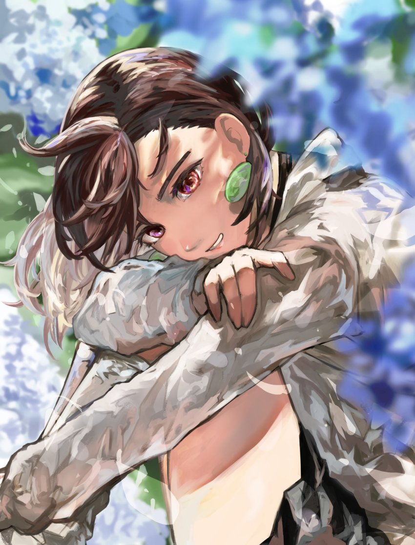 1girl, ayase_momo, blue_flower, blurry, blurry_foreground, brown_hair, dandadan, earrings