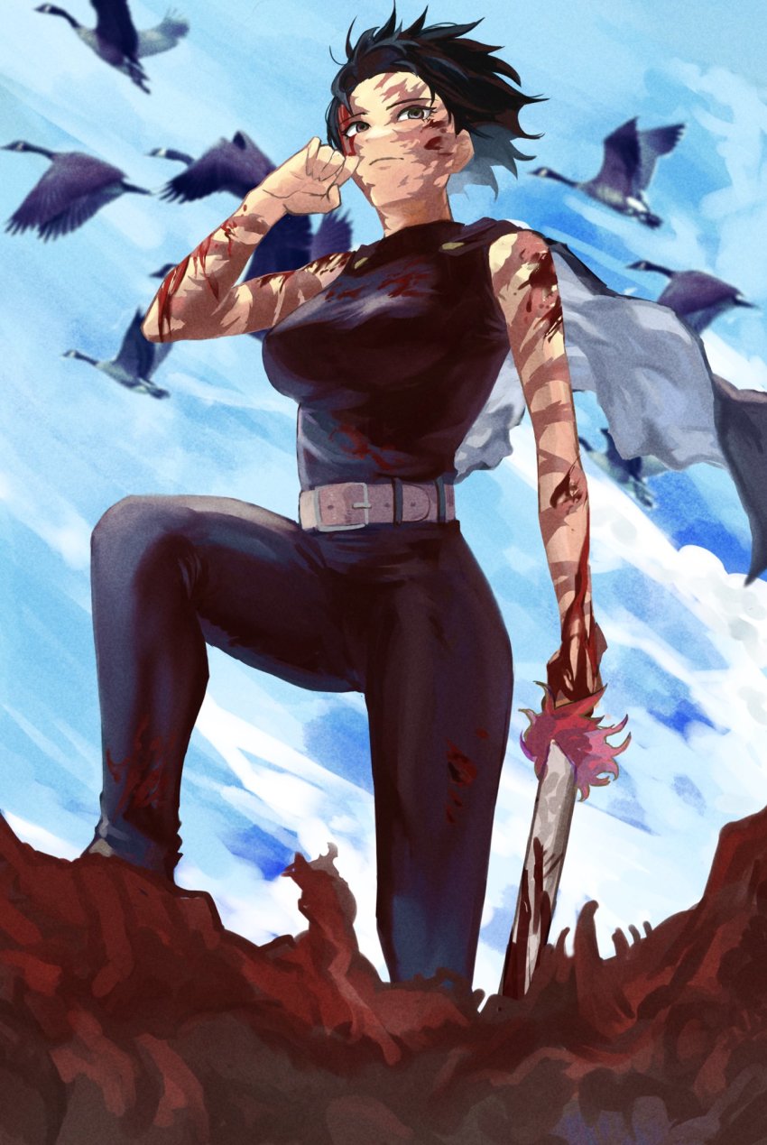 1girl, belt, bird, blood, blood_on_face, blue_sky, breasts, burn_scar