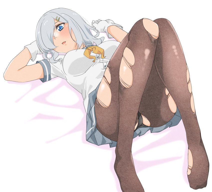 1girl, absurdres, black_panties, black_pantyhose, blue_eyes, breasts, commentary_request, gloves, grey_hair, grey_skirt, hair_ornament, hair_over_one_eye, hairclip, hamakaze_(kancolle), highres, kantai_collection, maonatten, medium_breasts, neckerchief, panties, pantyhose, pleated_skirt, school_uniform, short_hair, simple_background, skirt, solo, torn_clothes, torn_pantyhose, underwear, white_background, white_gloves, yellow_neckerchief