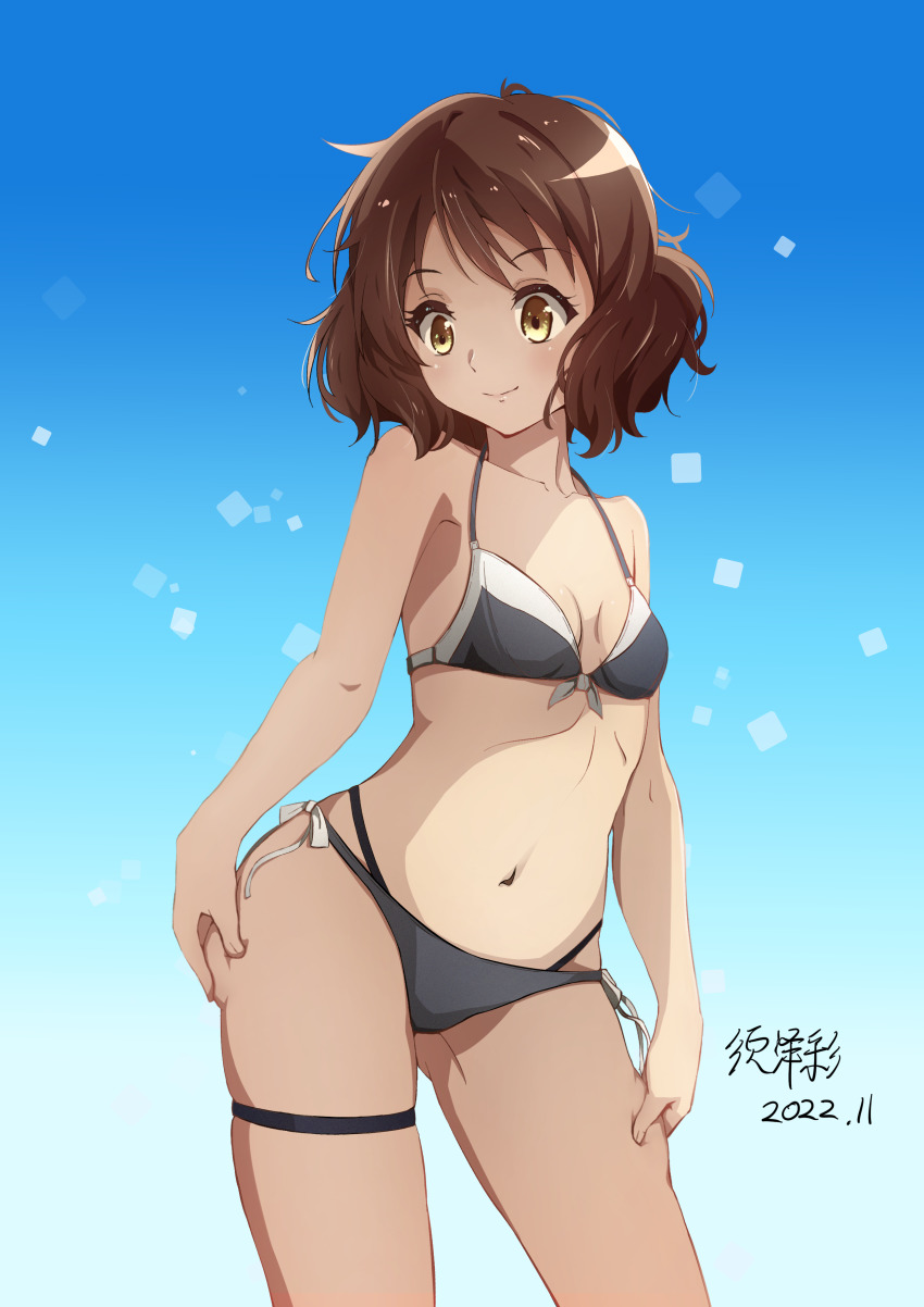 1girl, absurdres, artist_name, bikini, blue_background, breasts, brown_eyes, brown_hair, contrapposto, dated, front-tie_bikini_top, front-tie_top, gradient_background, grey_bikini, hibike!_euphonium, highres, looking_at_viewer, multi-strapped_bikini, navel, oumae_kumiko, short_hair, small_breasts, solo, standing, suzawa_aya, swimsuit