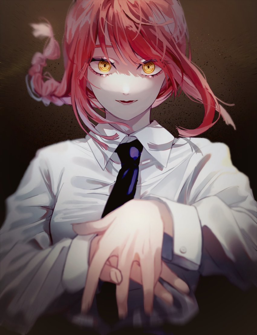 1girl, black_necktie, braid, braided_ponytail, chainsaw_man, collared_shirt, dark_background, highres, interlocked_fingers, looking_at_viewer, makima_(chainsaw_man), medium_hair, mochi_(pecopeco0605), necktie, open_mouth, own_hands_together, red_hair, ringed_eyes, shirt, sidelocks, solo, white_shirt, yellow_eyes