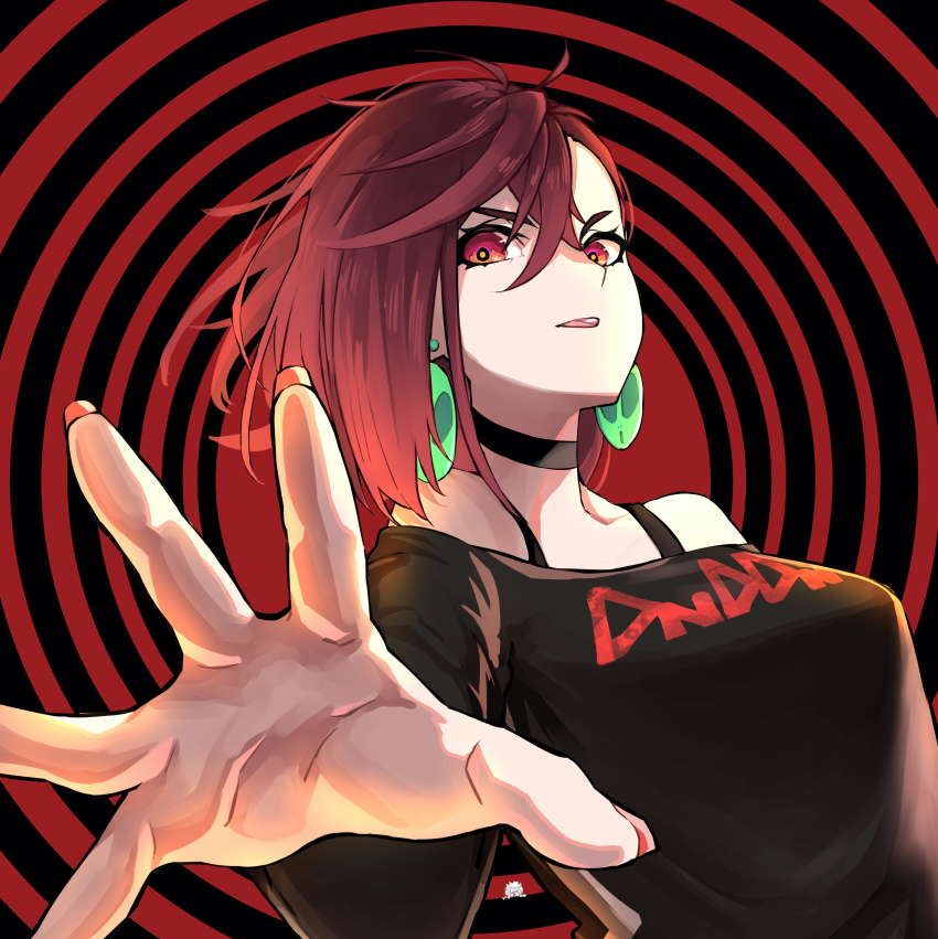 1girl, absurdres, ayase_momo, black_choker, brown_hair, choker, dandadan, earrings, highres, jewelry, lox_(orchis_lox), off_shoulder, reaching, reaching_towards_viewer, red_eyes, solo, spiked_hair, spiral_background, sweater, takakura_ken_(dandadan), white_hair