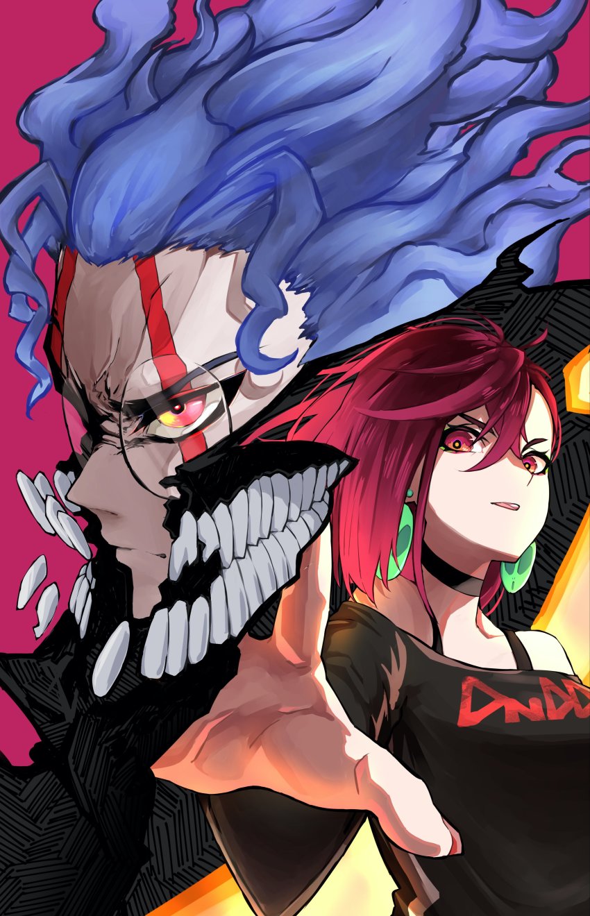 1boy, 1girl, absurdres, ayase_momo, black_choker, blue_hair, brown_hair, choker