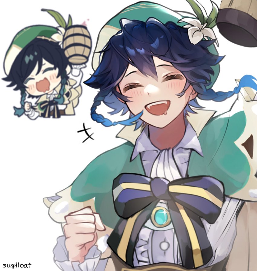 +++, 1boy, alcohol, androgynous, angiesfavorite, artist_name, beret, black_hair, blue_hair, blush, bow, braid, brooch, cape, clenched_hand, closed_eyes, collared_cape, collared_shirt, commentary, cup, drooling, english_commentary, flower, frilled_sleeves, frills, gem, genshin_impact, gradient_hair, green_cape, green_hat, hat, hat_flower, highres, holding, holding_cup, jewelry, leaf, long_sleeves, male_focus, mug, multicolored_hair, open_mouth, shirt, short_hair_with_long_locks, side_braids, sidelocks, simple_background, solo, twin_braids, venti_(genshin_impact), white_background, white_flower, white_shirt, wine