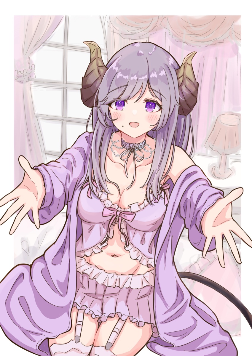1girl, blush, breasts, cleavage, curtains, demon_girl, demon_horns, demon_tail, highres, horns, incoming_hug, lamp, large_breasts, lingerie, looking_at_viewer, medium_breasts, mole, mole_under_mouth, nanashi_inc., navel, open_mouth, purple_eyes, purple_hair, saionji_mary, saionji_mary_(7th_costume), shishishi, solo, stomach, tail, underwear, virtual_youtuber, window