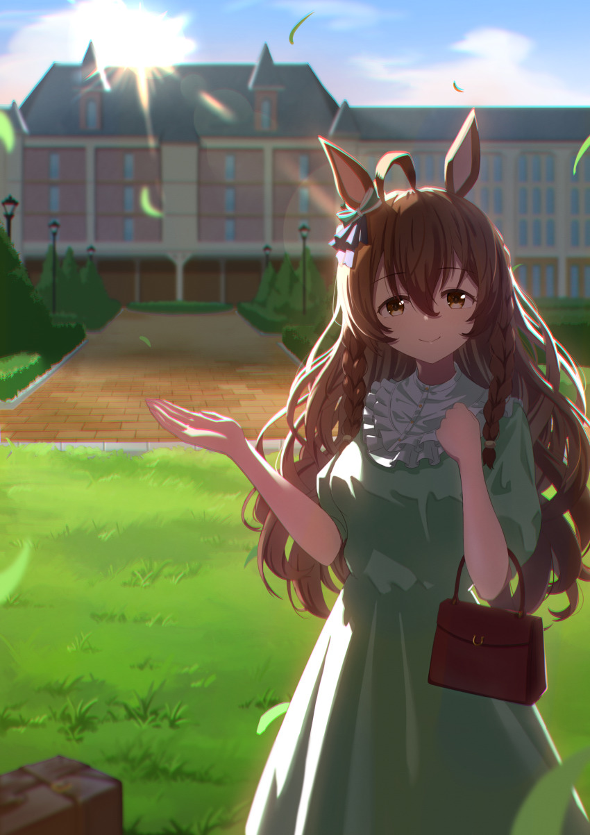 1girl, absurdres, ahoge, alternate_costume, braid, breasts, brown_hair, casual