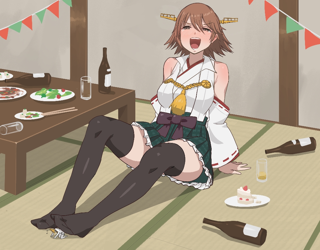 1boy, 1girl, birthday_cake, blush, bottle, breasts, brown_hair, cake, detached_sleeves, drunk, food, glass, green_skirt, headgear, hiei_(kancolle), hiei_kai_ni_(kancolle), indoors, kantai_collection, large_breasts, mini_person, miniboy, no_shoes, nontraditional_miko, okubyouha55, open_mouth, ribbon-trimmed_sleeves, ribbon_trim, short_hair, size_difference, skirt, t-head_admiral, thighhighs