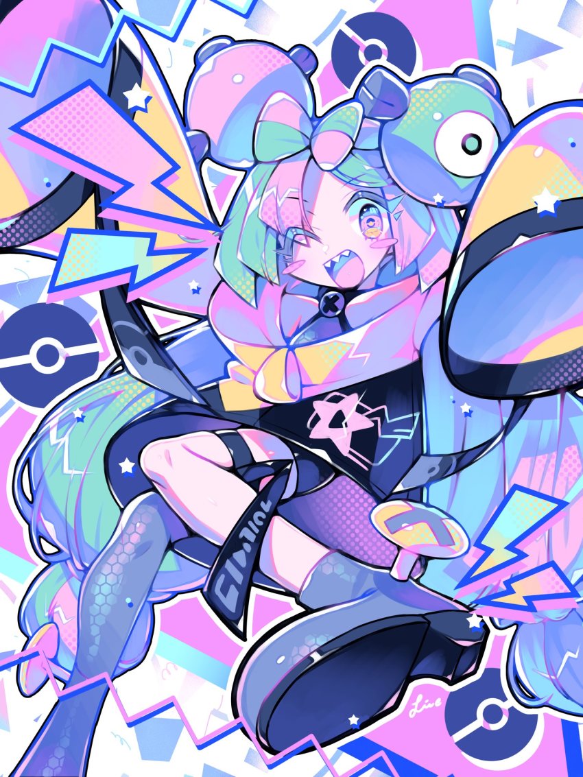 bow-shaped_hair, character_hair_ornament, grey_pantyhose, hair_ornament, hexagon_print, highres, iono_(pokemon), jacket