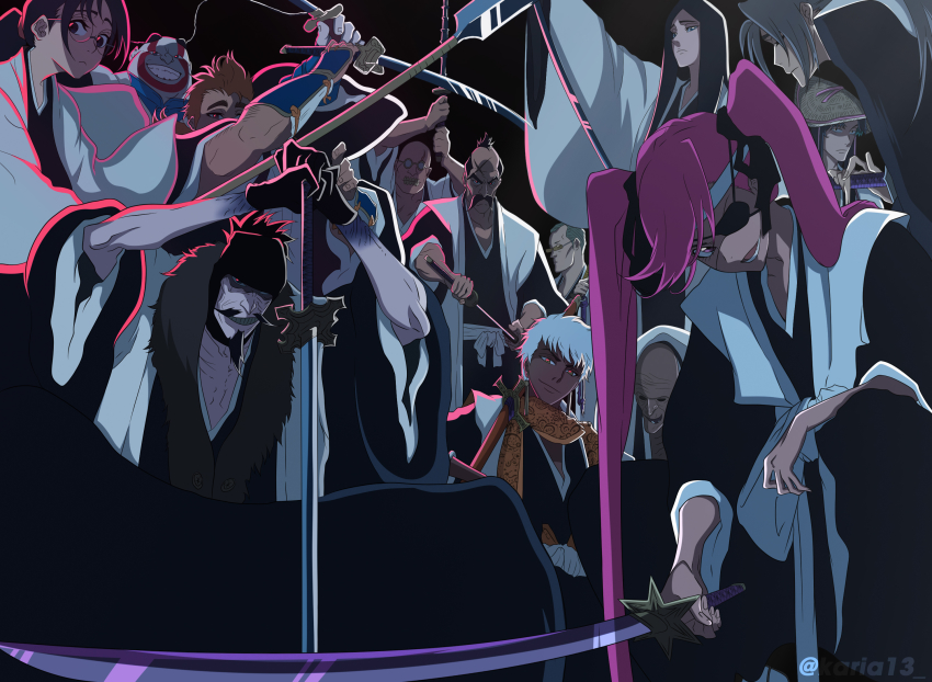 black_hair, black_kimono, bleach, bleach:_gotei_13, bleach:_sennen_kessen-hen, cross_scar, facepaint, facial_hair, glaive_(polearm), glasses, haori, highres, holding, holding_sword, holding_weapon, izuhara_kinroku, japanese_clothes, katori_batsuunsai, kimono, kumoi_entetsu, long_hair, looking_at_viewer, mustache, obana_danjirou, orange_hair, outogawa_furuoki, pink_hair, polearm, saitou_furoufushi, sakahone_saizou, scar, scar_on_face, scar_on_forehead, scar_on_head, shigyou_nobutsuna, shihakusho, shihouin_chika, shijima_chigiri, shinigami, sword, tagme, twintails, unohana_retsu, weapon, yamamoto-genryuusai_shigekuni, zenjouji_uhin