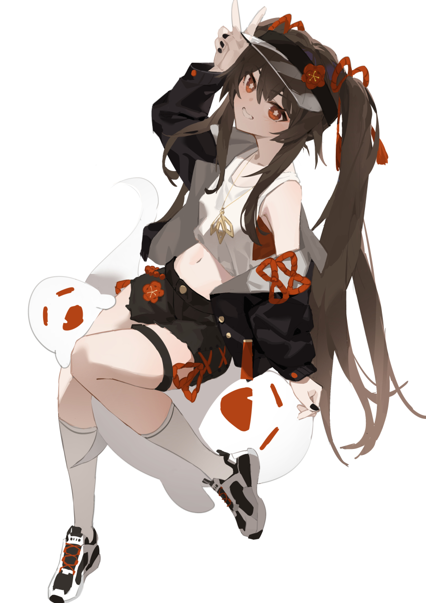 1girl, absurdres, alternate_costume, bare_shoulders, black_jacket, black_nails, black_shorts, boo_tao_(genshin_impact), brown_hair, casual, closed_eyes, full_body, genshin_impact, ghost, highres, hu_tao_(genshin_impact), jacket, long_sleeves, luxi_7257, midriff, nail_polish, navel, open_clothes, open_jacket, open_mouth, red_eyes, shoes, shorts, simple_background, smile, sneakers, v, visor_cap, white_background