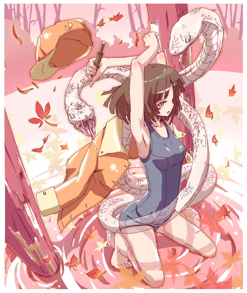 1girl, armpits, arms_up, bad_id, bad_pixiv_id, bakemonogatari, barefoot, brown_eyes, brown_hair, newsboy_cap, female_focus, hat, jacket, jacket_on_shoulders, kneeling, leo_hariyoru, maali, monogatari_(series), one-piece_swimsuit, school_swimsuit, sengoku_nadeko, snake, solo, swimsuit