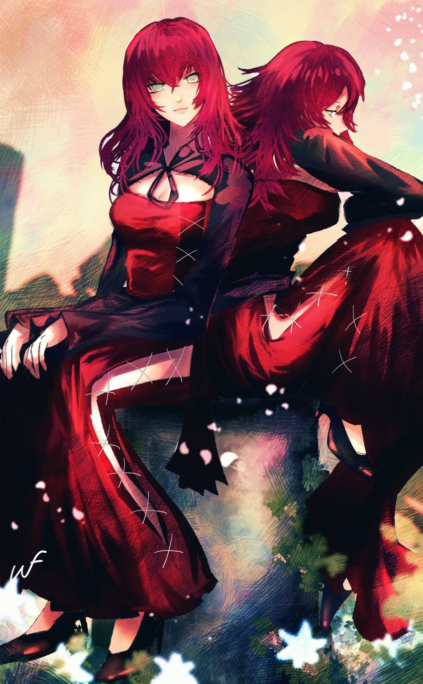 2girls, absurdres, breasts, capelet, closed_mouth, clothing_cutout, cross-laced_clothes, devola