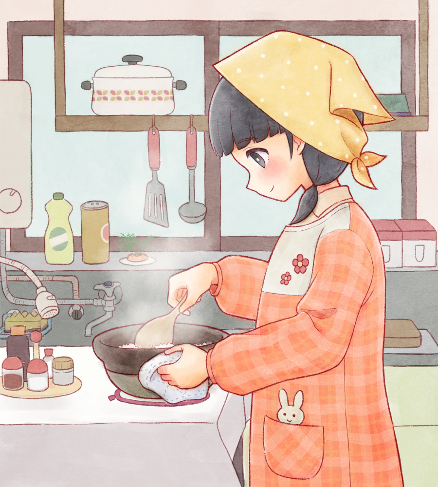 1girl, apron, bad_id, bad_pixiv_id, black_eyes, black_hair, blunt_bangs, blush