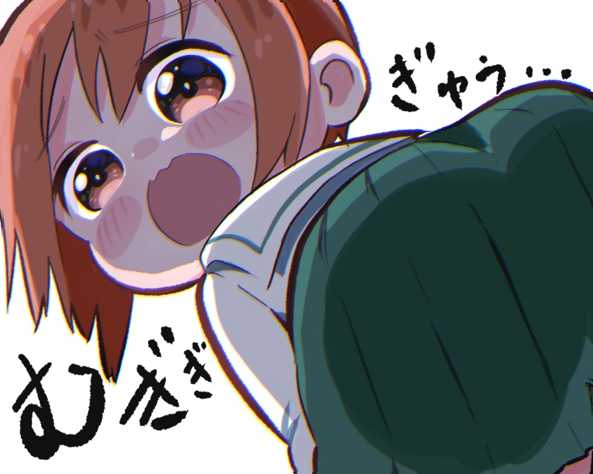 1girl, against_glass, ass, ass_press, blush_stickers, brown_eyes, chibi, girls_und_panzer, green_skirt, long_sleeves, looking_at_viewer, nabe_(nabe_otome), nishizumi_miho, ooarai_school_uniform, open_mouth, orange_hair, sailor_collar, school_uniform, shaded_face, short_hair, skirt, solo, wavy_mouth, white_sailor_collar, winter_uniform