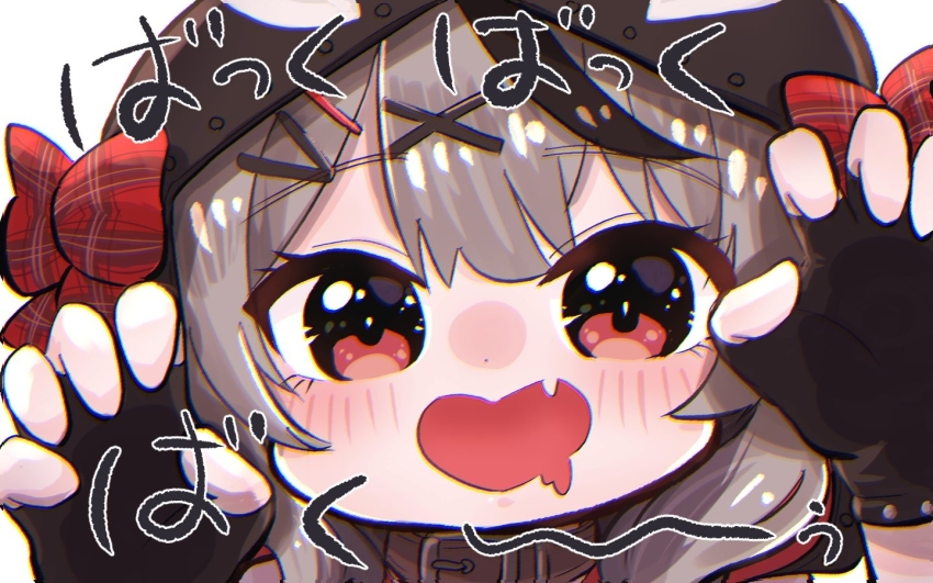 1girl, animal_hood, black_gloves, blush_stickers, chibi, claw_pose, drooling, fang