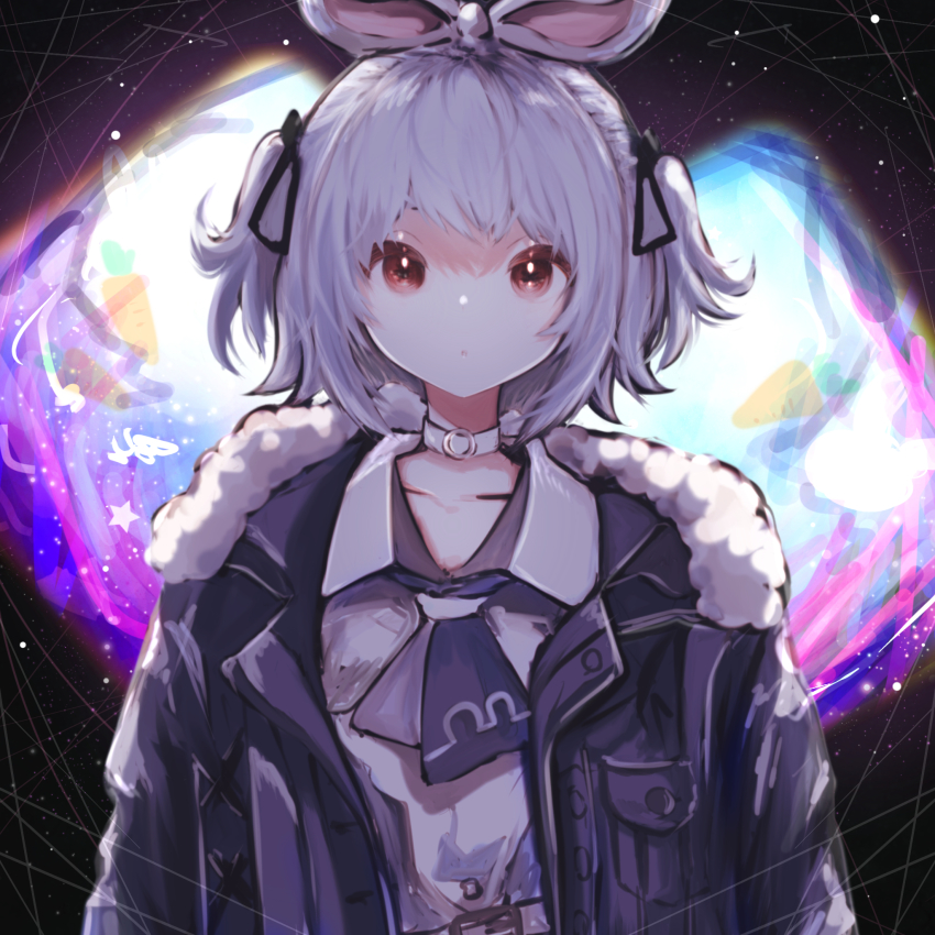 1girl, :o, animal_ears, belt, blue_jacket, blue_neckerchief, choker, denim, denim_jacket, dress, fur-trimmed_jacket, fur_trim, hair_ribbon, highres, hololive, jacket, looking_at_viewer, neckerchief, nonopace, official_alternate_costume, official_alternate_hair_length, official_alternate_hairstyle, parted_lips, rabbit_ears, rabbit_girl, ribbon, round_eyewear, sailor_collar, sailor_dress, short_hair, solo, tied_ears, two_side_up, upper_body, usada_pekora, usada_pekora_(casual), virtual_youtuber, white_belt, white_choker, white_dress, white_sailor_collar