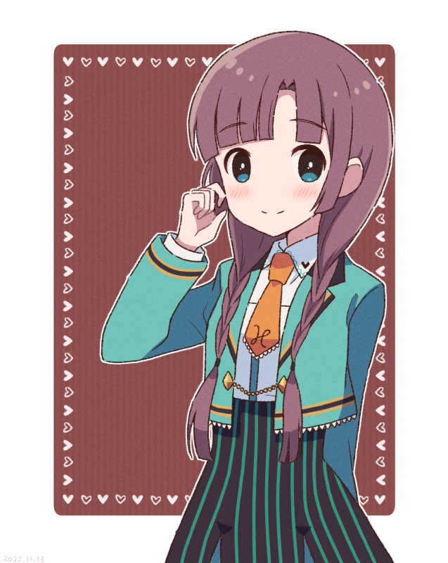 1girl, aqua_jacket, arm_behind_back, bad_id, bad_pixiv_id, blue_eyes, blunt_bangs, blush