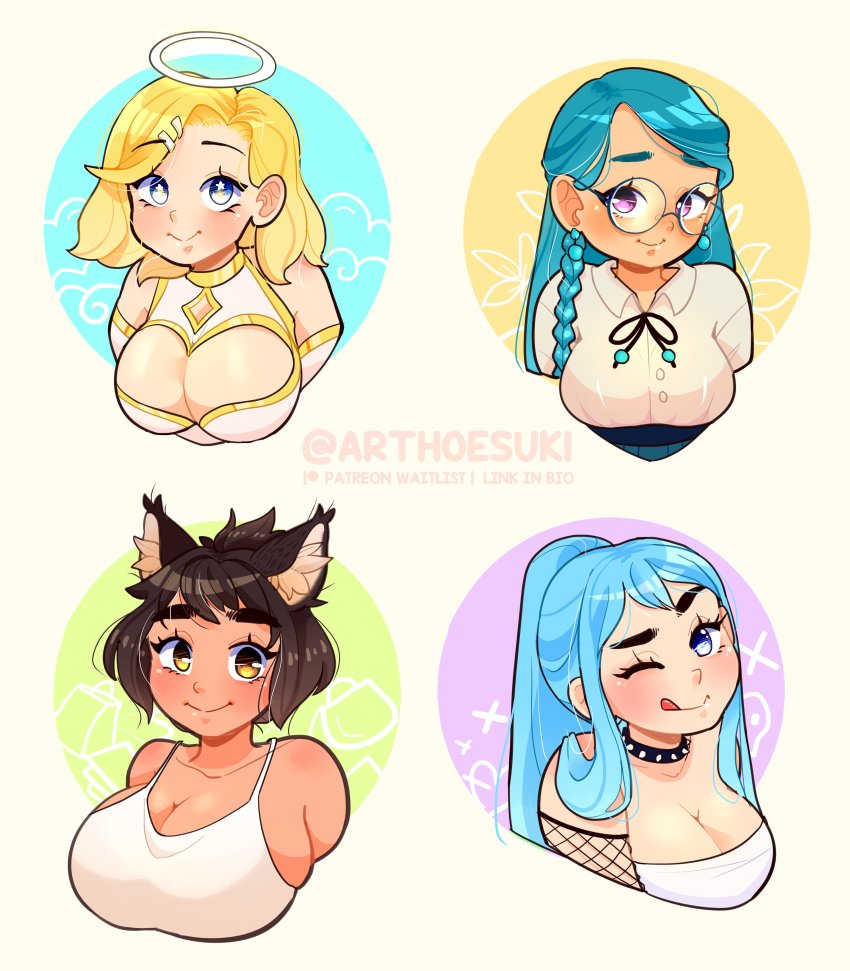 4girls, absurdres, animal_ear_fluff, animal_ears, aqua_hair, arthoesuki, artist_name, black_hair, blonde_hair, blue_eyes, blue_hair, blush, borrowed_character, braid, breasts, brown_eyes, camisole, cleavage, cleavage_cutout, clothing_cutout, collar, collared_shirt, cropped_torso, glasses, highres, iru_may_(akairiot), large_breasts, long_hair, medium_breasts, medium_hair, monami_angel_(dice_coffeedox), multiple_girls, one_eye_closed, original, ponytail, purple_eyes, round_eyewear, shirt, short_hair, side_braid, sidelocks, single_braid, smile, sofia_(gaziter), spiked_collar, spikes, tongue, tongue_out, upper_body, vicky_wang_(haru_feng), white_camisole, white_shirt