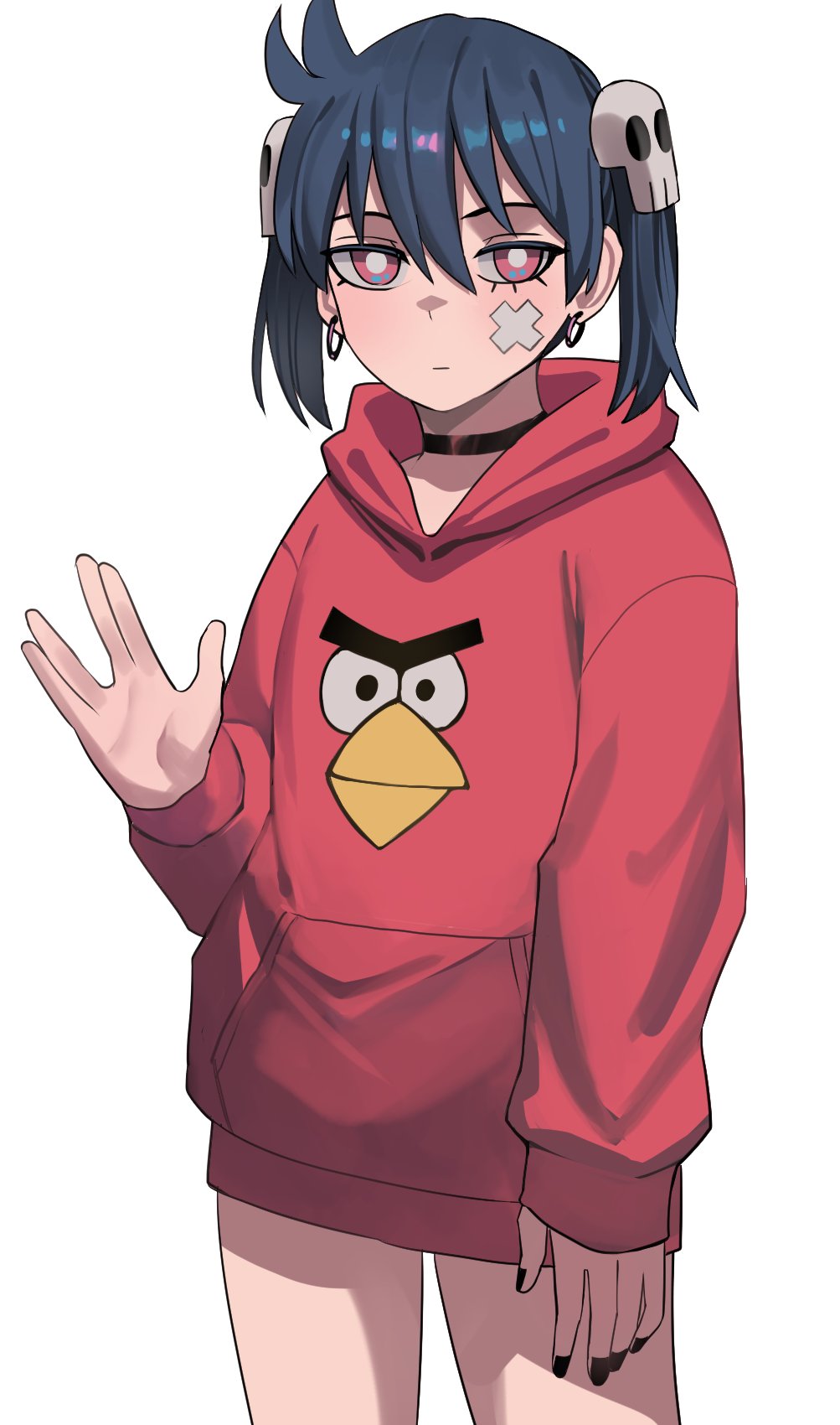 1girl, angry_birds, bandaid, bandaid_on_cheek, bandaid_on_face, black_choker, black_nails, blue_hair