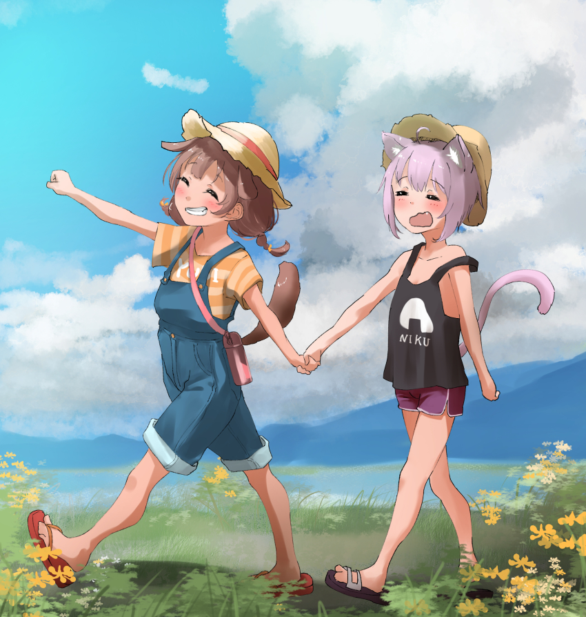 2girls, aged_down, animal_ears, black_tank_top, blue_overalls, blue_sky, braid, brown_hair