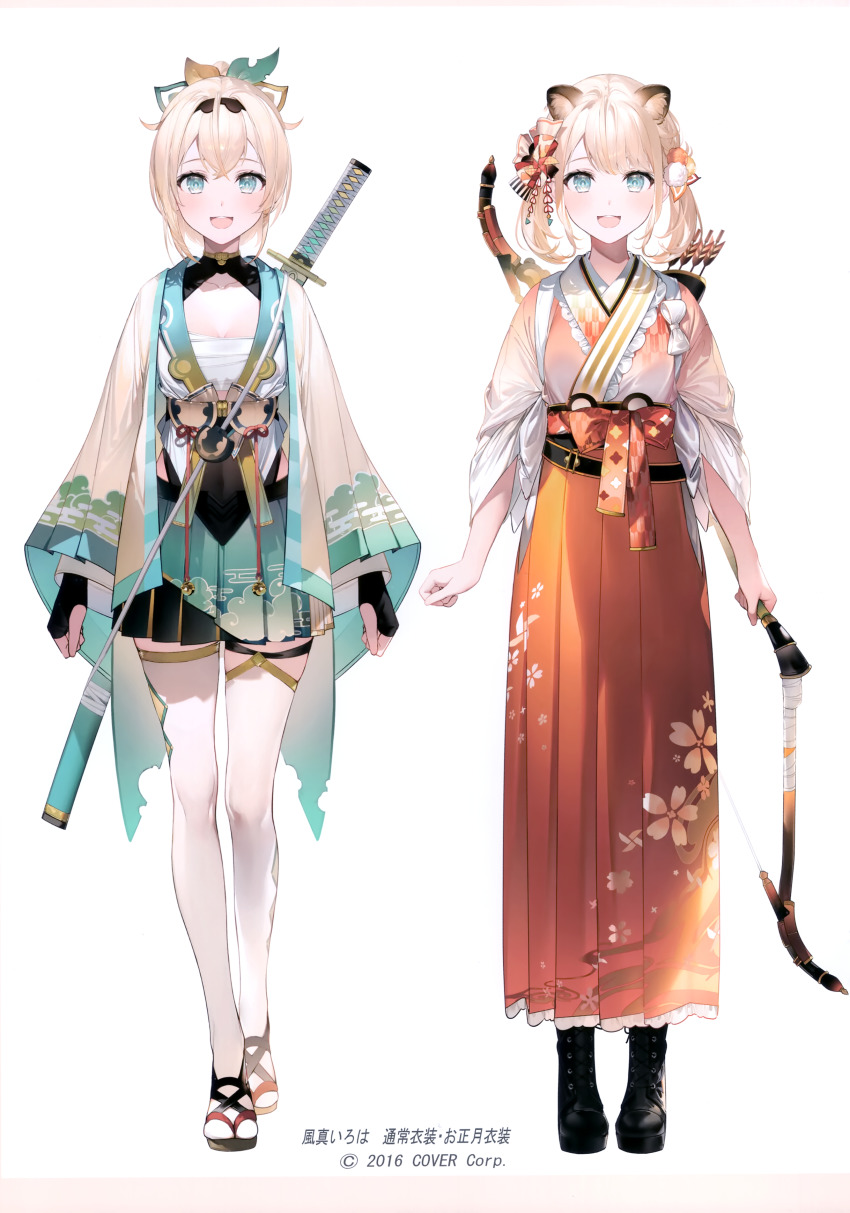 1girl, :d, absurdres, animal_ears, arrow_(projectile), black_gloves, blonde_hair, blue_eyes, boots, bow_(weapon), chest_sarashi, fingerless_gloves, full_body, gloves, hair_ribbon, hakama, hakama_skirt, haori, highres, holding, holding_bow_(weapon), holding_weapon, hololive, japanese_clothes, kazama_iroha, kazama_iroha_(new_year), long_sleeves, looking_at_viewer, multiple_views, official_art, open_mouth, pleated_skirt, raccoon_ears, ribbon, sandals, sarashi, scan, sheath, sheathed, simple_background, skirt, smile, standing, sword, sword_on_back, thighhighs, umibouzu_(niito), virtual_youtuber, weapon, weapon_on_back, white_background, white_thighhighs, zouri
