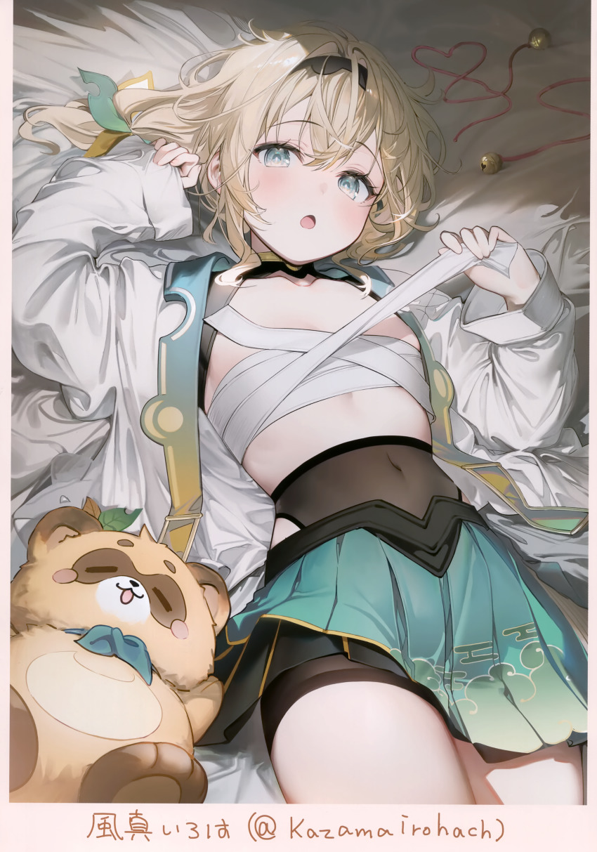 1girl, absurdres, aqua_eyes, bell, blonde_hair, breasts, character_name, chest_sarashi