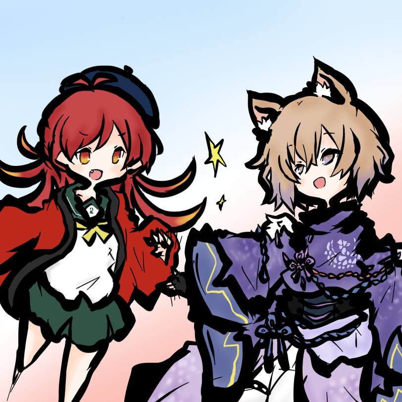 1boy, 1girl, animal_ears, brown_hair, green_skirt, japanese_clothes, nagase_hiyora, red_hair, sailor_collar, skirt, tanareasu-musubinokami, yao-tan
