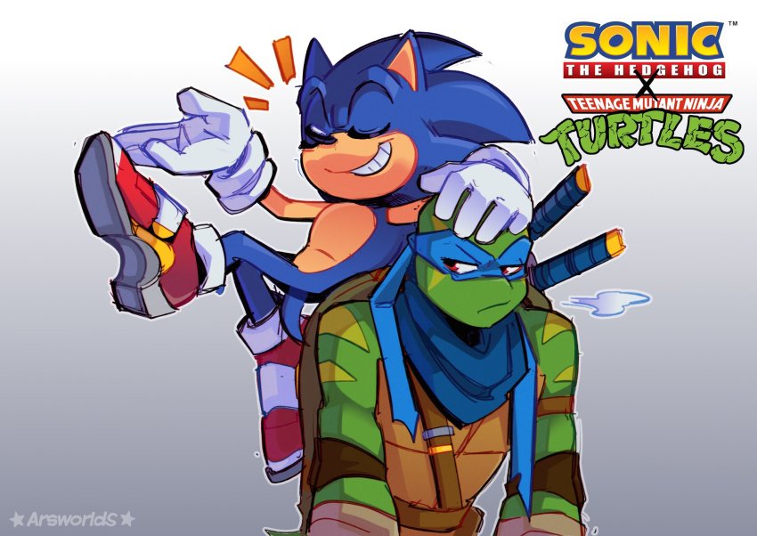 2boys, arsworlds, blue_hair, closed_mouth, commentary, crossover, furry, furry_male, gloves, hand_on_another's_head, highres, katana, leonardo_(tmnt), male_focus, mask, multiple_boys, ninja, red_eyes, shoes, sigh, simple_background, smile, sonic_(series), sonic_the_hedgehog, sword, tail, teenage_mutant_ninja_turtles, teeth, turtle, weapon, white_gloves