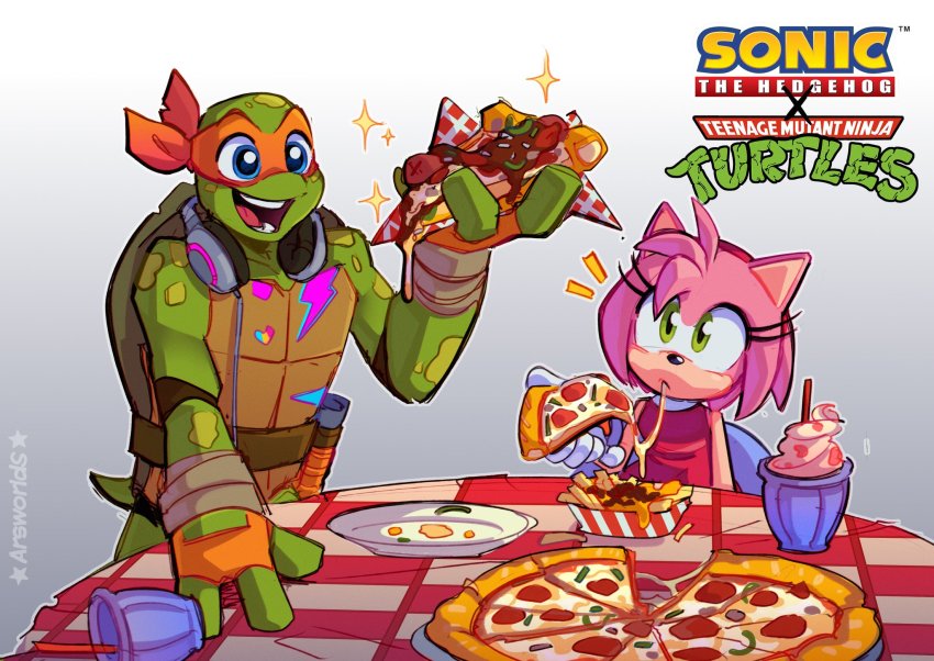 1boy, 1girl, amy_rose, animal_ears, arsworlds, blue_eyes, cheese, cheese_trail, commentary, drinking_straw, eating, food, french_fries, furry, furry_female, gloves, green_eyes, headphones, headphones_around_neck, highres, holding, holding_food, holding_pizza, ice_cream, ice_cream_float, looking_at_another, looking_at_food, mask, ninja, open_mouth, pepperoni, pink_fur, pink_hair, pizza, pizza_slice, plate, simple_background, smile, sonic_(series), table, teenage_mutant_ninja_turtles, teeth, turtle, white_gloves